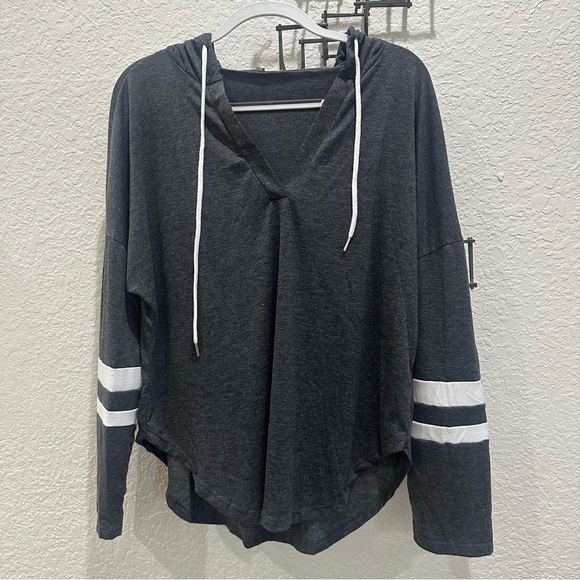Long Sleeve Hoodie with Striped Sleeves & Drawstring – Casual Athleisure Top NWT - Picture 3 of 6